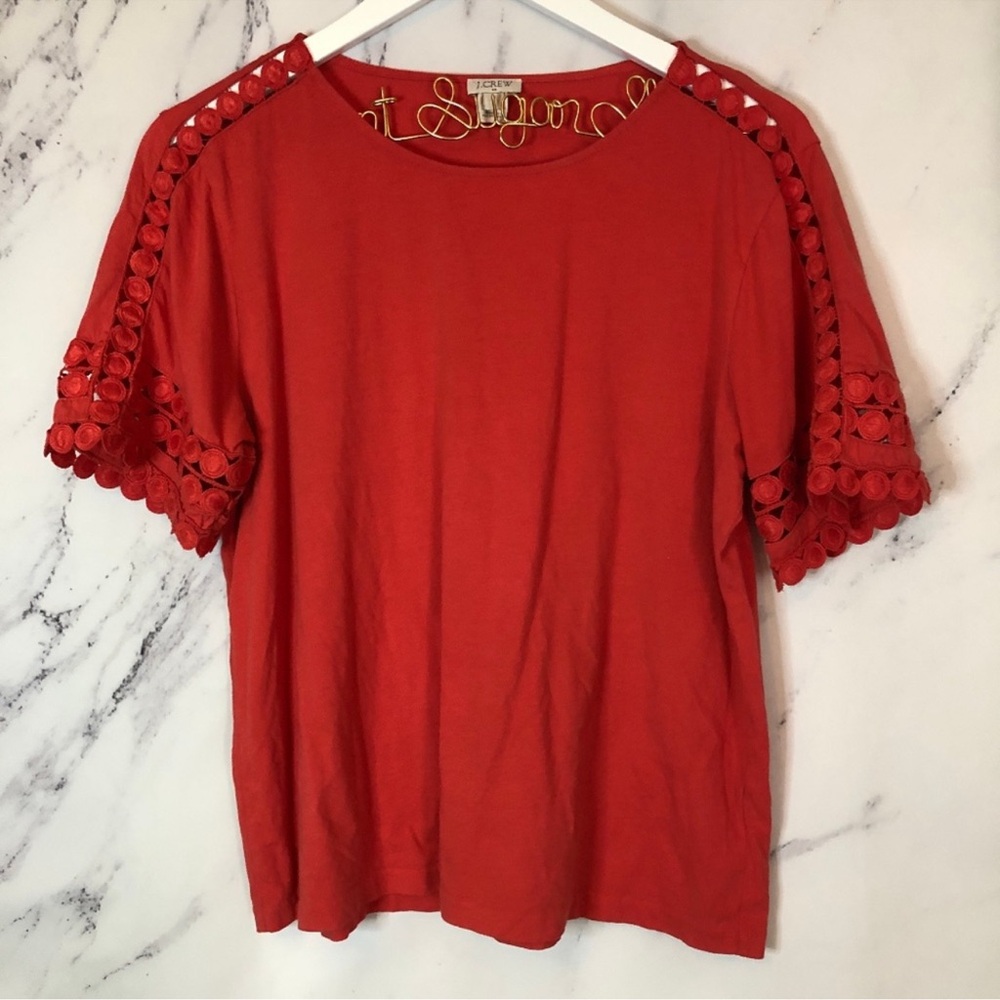 J. Crew Red Short Sleeve Top with Lace Detail